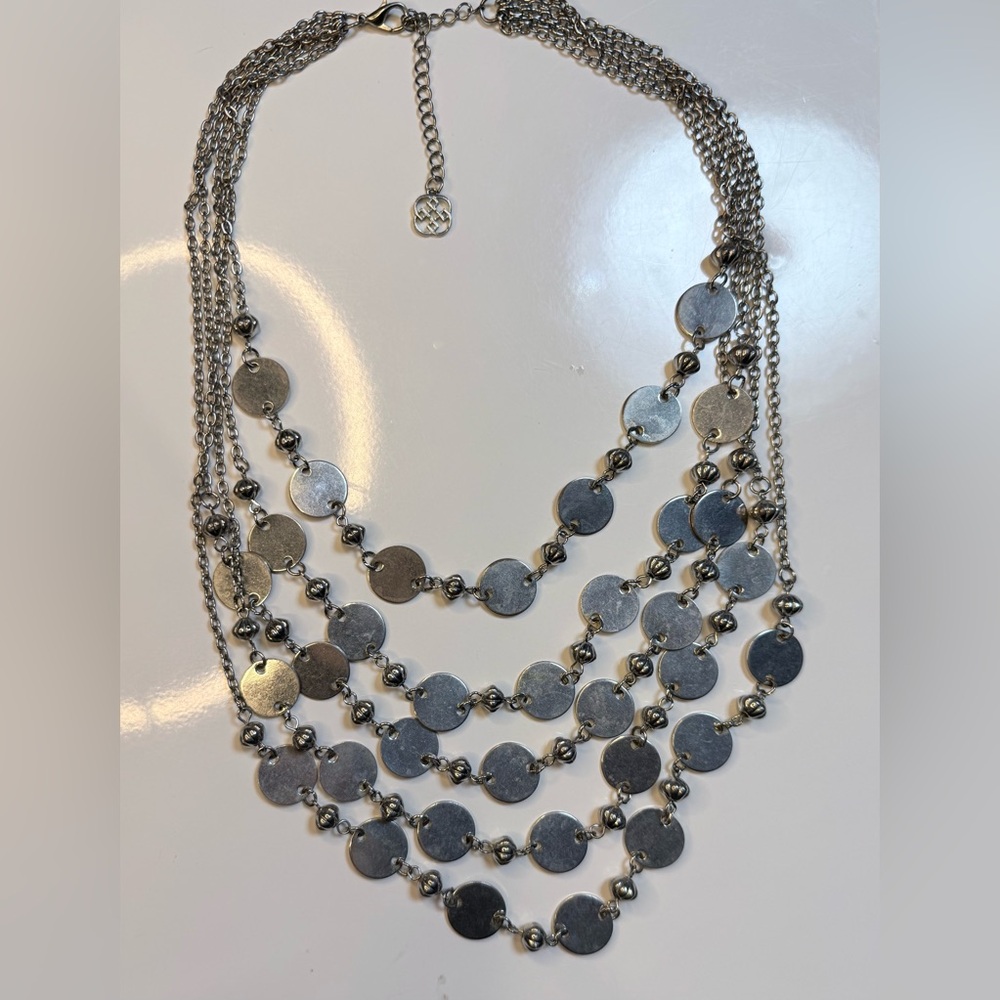 Silver Disk 5 Strand Multi-Layer Necklace. 17.5-21” - Picture 5 of 5